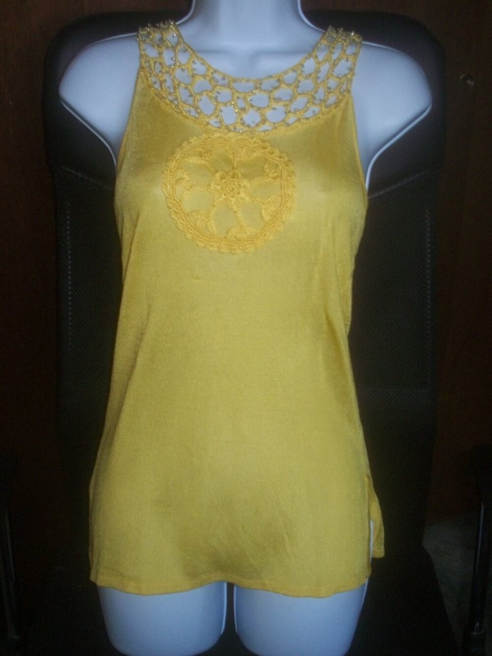 womens pure silk tank top.beaded.embellished.yellow.size medium
